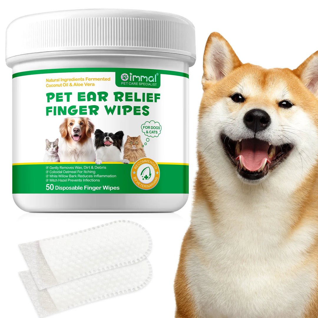 Pet Ear Relief Finger Wipes Natural Ingredients Fermented Coconut Oil and Aloe Vera for Dogs Cats Support Health Clean Pets Ears