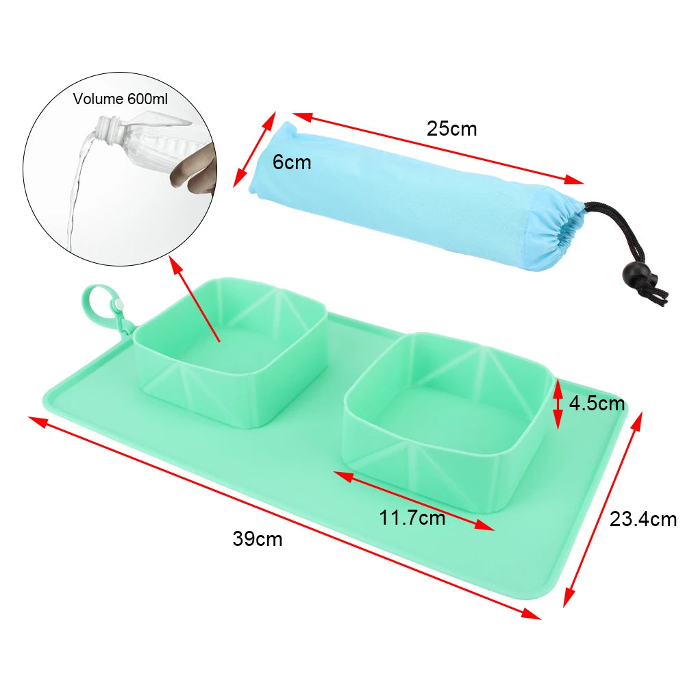 Food Container Folding Double Bowls Portable Pet Bowl For Dogs Cats Outdoor Travel Water Feeder With Flannel Bag Silicone