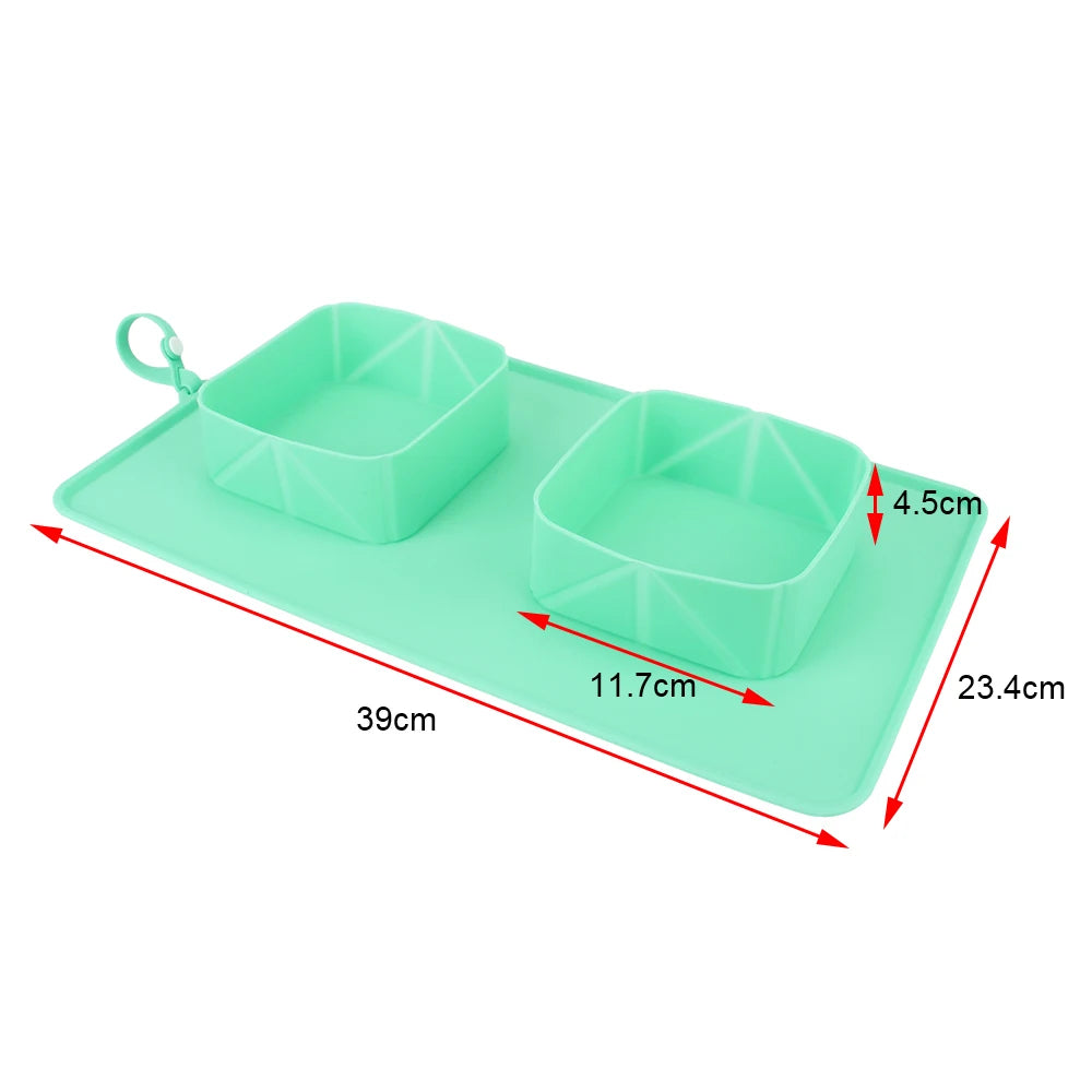 Food Container Folding Double Bowls Portable Pet Bowl For Dogs Cats Outdoor Travel Water Feeder With Flannel Bag Silicone