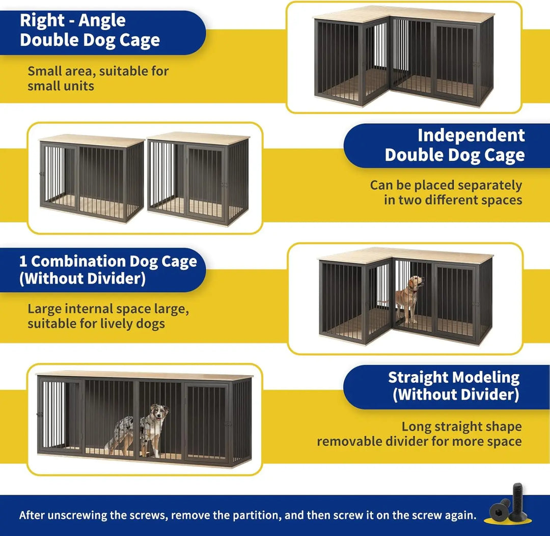 80.7" Large Dog Kennel Furniture with Dividers and Double Doors, All Steel Frame Double Dog Crate, 43.3" L X 23.6" W X 31.5" H