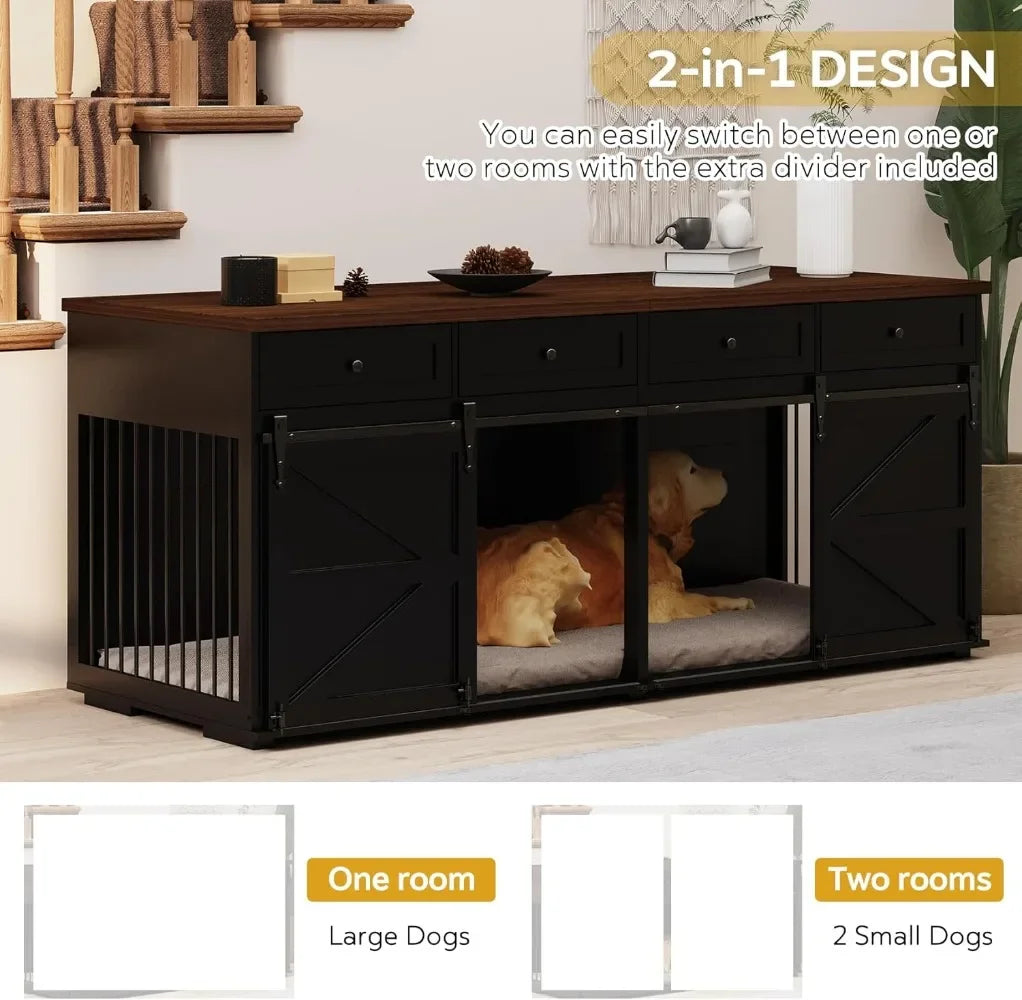 Dog Crate Furniture - Indoor Wooden Dog Kennel Furniture with 4 Drawers & 2 Sliding Barn Doors - for Small Medium Large Dogs