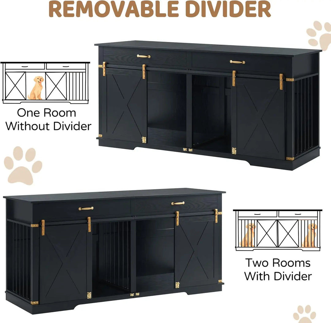 Extra Large Furniture Style Double Dog Crates, 72.5" Farmhouse Wooden Dog Kennel Furniture with Drawers, Divider, Water