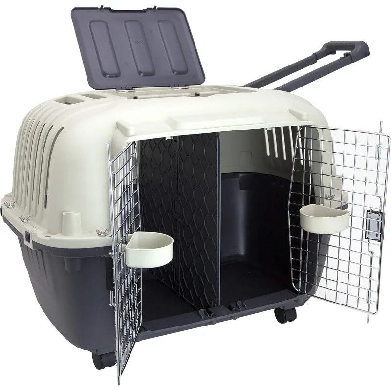 Plastic Kennels Rolling Plastic Wire Door Travel Dog Crate, Collabsible Kennel, 22.1" L x 23.3" W x 30.6" H