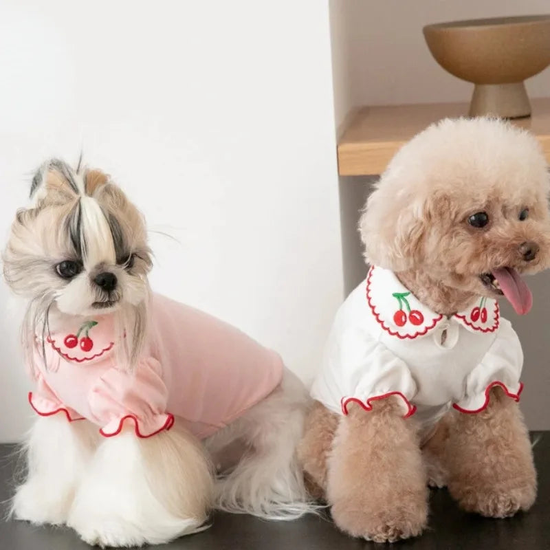 Puppy Cherry Shirt Wave Edge Bubble Sleeve Top Pet Clothes Dogs Clothing Teddy Bears Coat Dog T-Shirt Cute Puppy Clothes