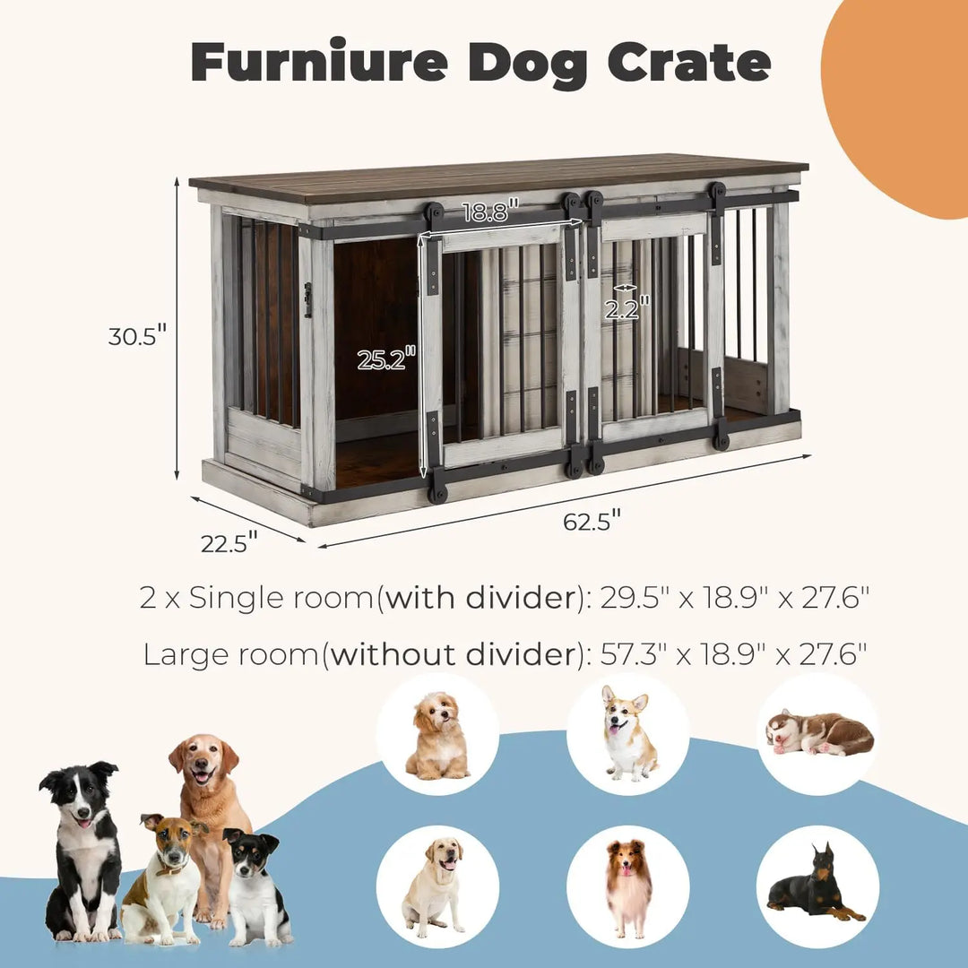 Solid Wood Dog Crate Furniture, 62.5'' Wooden Dog Crate with Removable Divider, Indoor Dog Kennel TV Cabinet,White