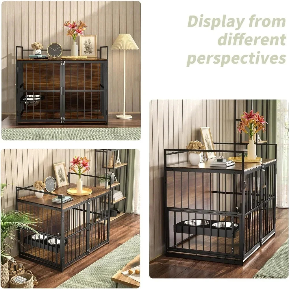 Dog Crate Furniture-Style Cages for Large Dogs Indoor Heavy Duty Super Sturdy Dog Kennels with 2 Stainless Steel Bowls