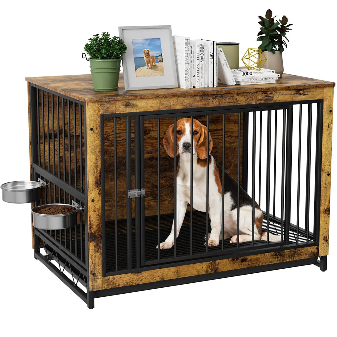 Wooden Crate Furniture with Advanced Bowls, Dog Crate, End Table with Climbing, Double Doors, Dog Kennels, Medium Interior