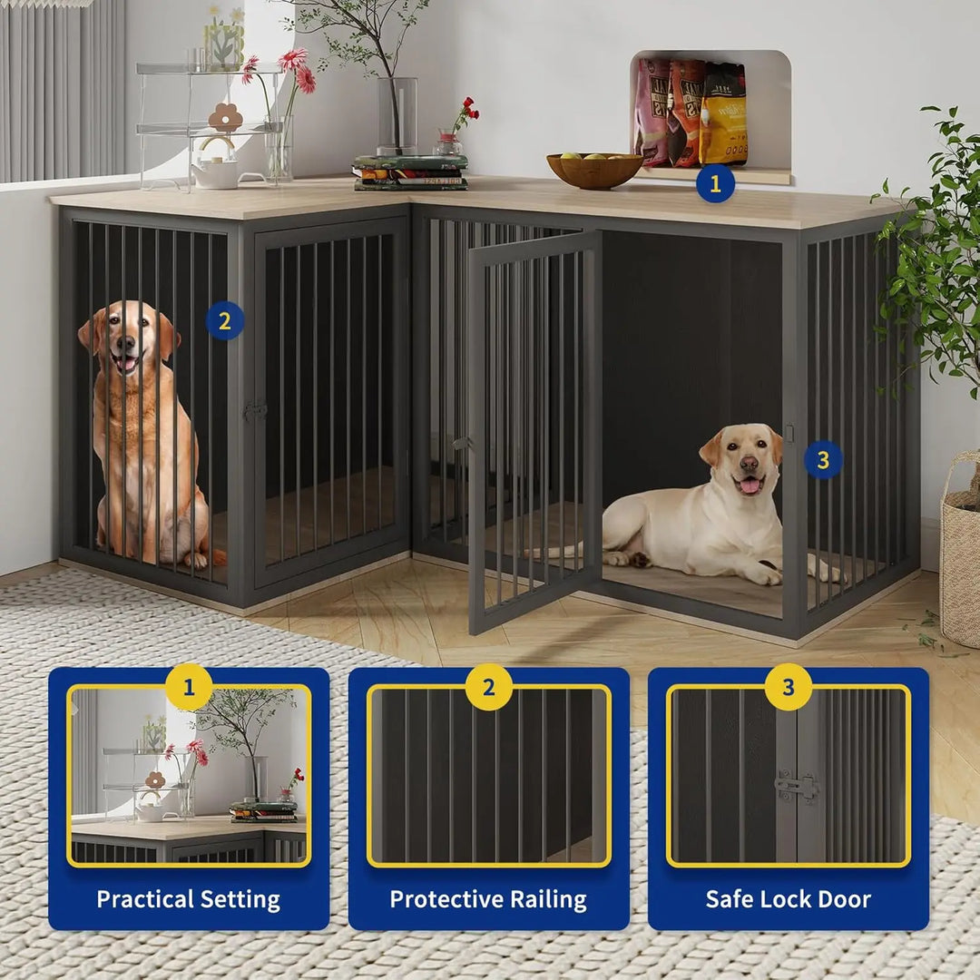 80.7" Large Dog Kennel Furniture with Dividers and Double Doors, All Steel Frame Double Dog Crate, 43.3" L X 23.6" W X 31.5" H