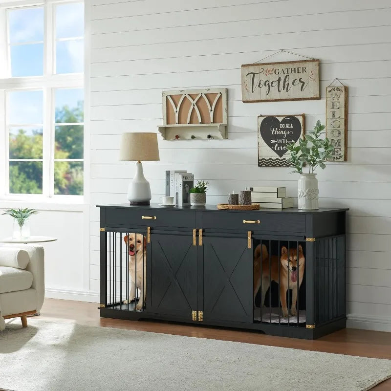 Furniture Style Double Dog Crates, 72.5" Farmhouse Wooden Dog Kennel Furniture with Drawers, Divider, Water Resistant