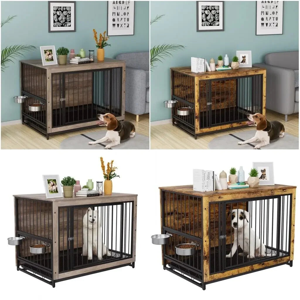 Wooden Crate Furniture with Advanced Bowls, Dog Crate, End Table with Climbing, Double Doors, Dog Kennels, Medium Interior