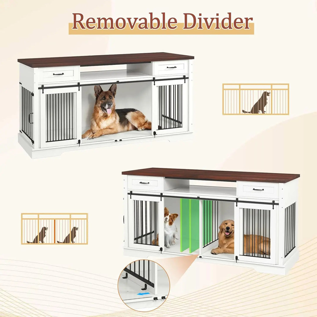 Dog Crate Furniture for 2 Dogs, 71" Extra Large Indoor Wooden Dog Kennel with Removable Divider, Heavy Duty Farmhouse Dog Crates