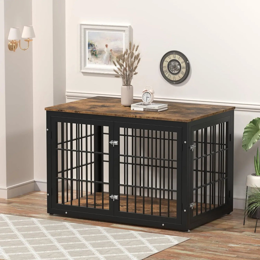 Rustic Heavy Duty Dog Crate Furniture for Extra Large Dogs, , Wooden Cage Kennel Furniture Indoor, XL, Black and Brown