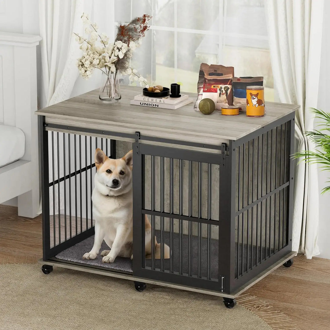 IchbinGo 43.7'' Dog Crate Furniture with Cushion, Heavy Duty Anti-Chewing Dog House with Sliding Barn Door, Flip-top Plate, Indo