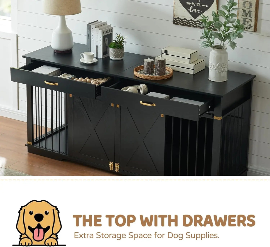 Extra Large Furniture Style Double Dog Crates, 72.5" Farmhouse Wooden Dog Kennel Furniture with Drawers, Divider, Water