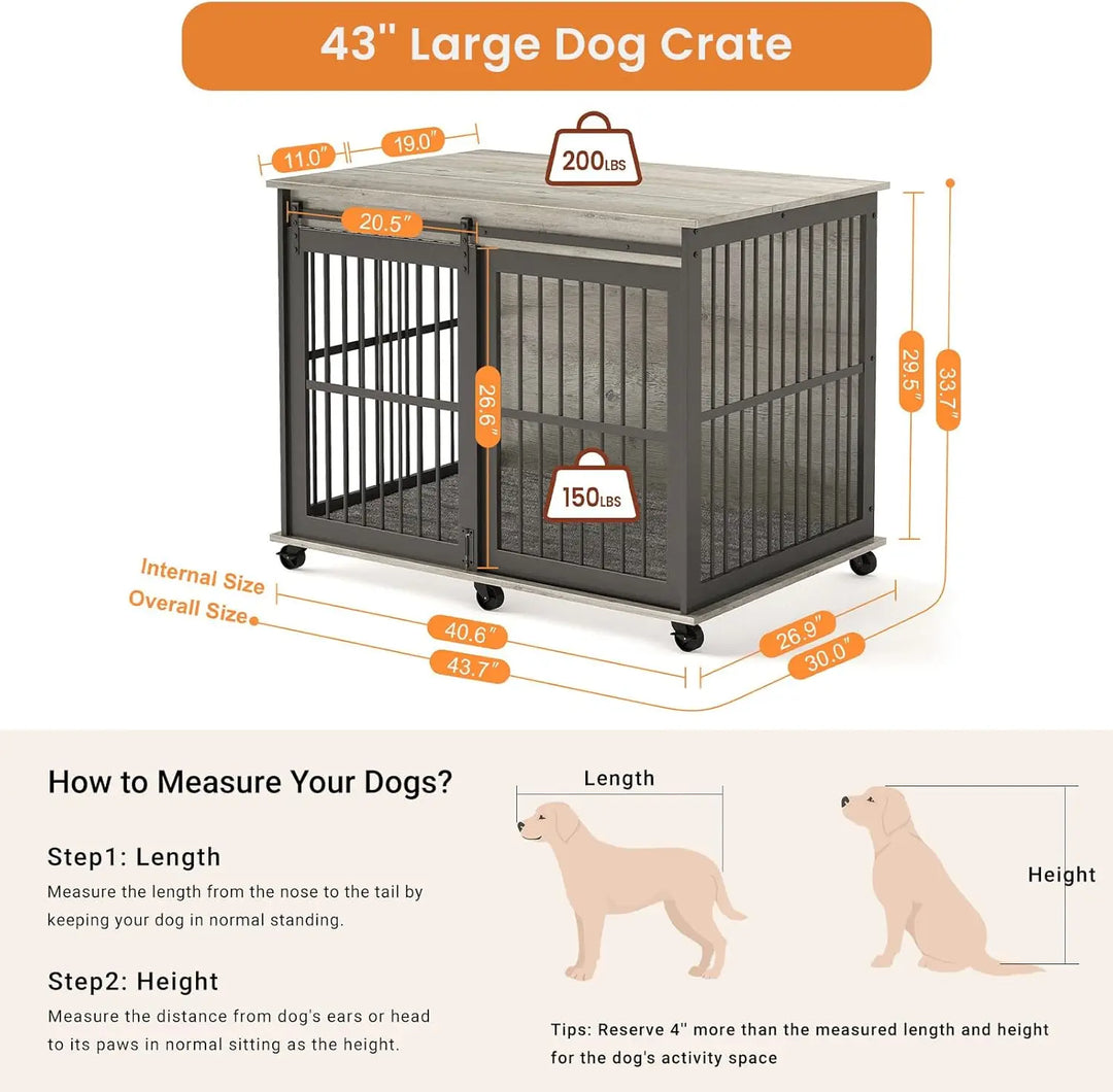 IchbinGo 43.7'' Dog Crate Furniture with Cushion, Heavy Duty Anti-Chewing Dog House with Sliding Barn Door, Flip-top Plate, Indo