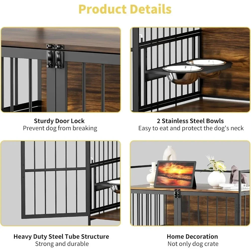 Dog Crate Furniture-Style Cages for Large Dogs Indoor Heavy Duty Super Sturdy Dog Kennels with 2 Stainless Steel Bowls