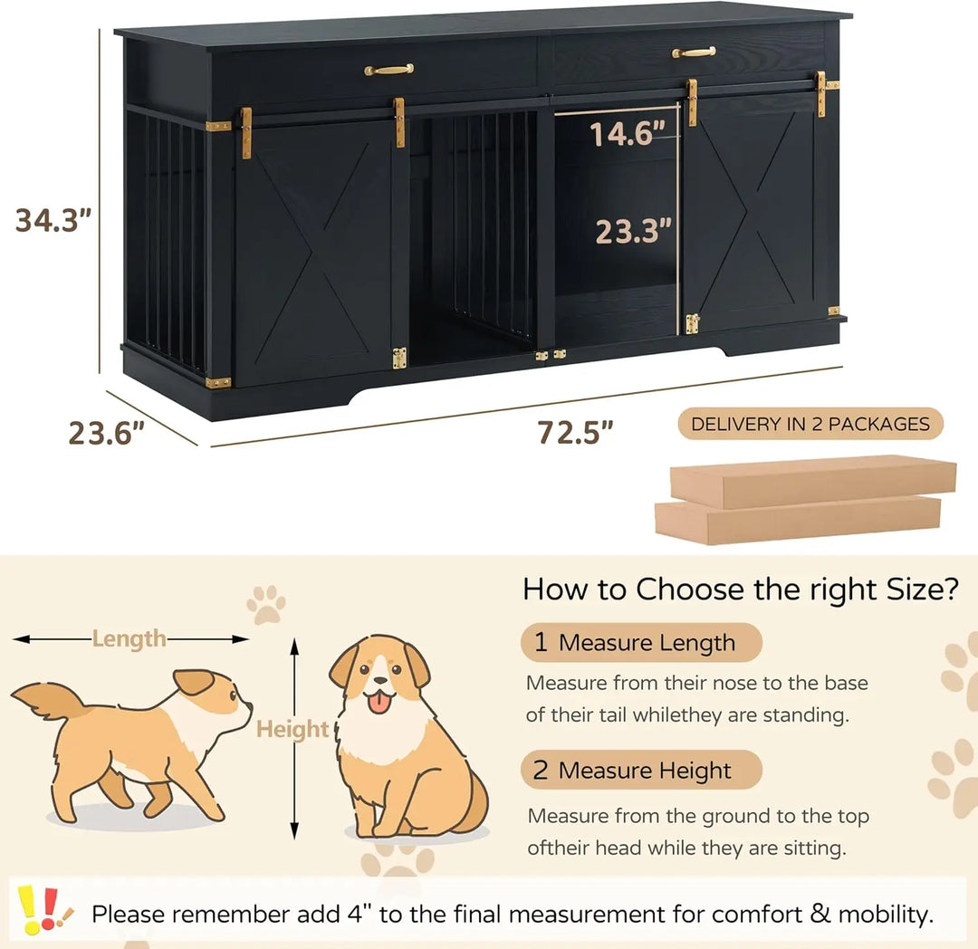 Extra Large Furniture Style Double Dog Crates, 72.5" Farmhouse Wooden Dog Kennel Furniture with Drawers, Divider, Water