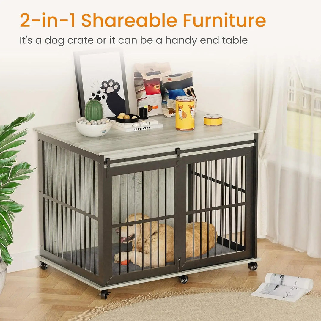 IchbinGo 43.7'' Dog Crate Furniture with Cushion, Heavy Duty Anti-Chewing Dog House with Sliding Barn Door, Flip-top Plate, Indo