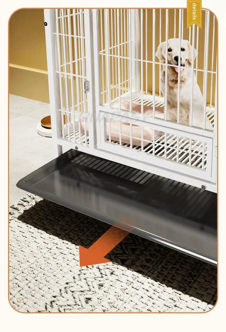 Dog Crate Furniture with Door Metal Pet Dog Cages House with Leak-Proof Pan Removable Tray Floor Protecting Kennel on Wheels