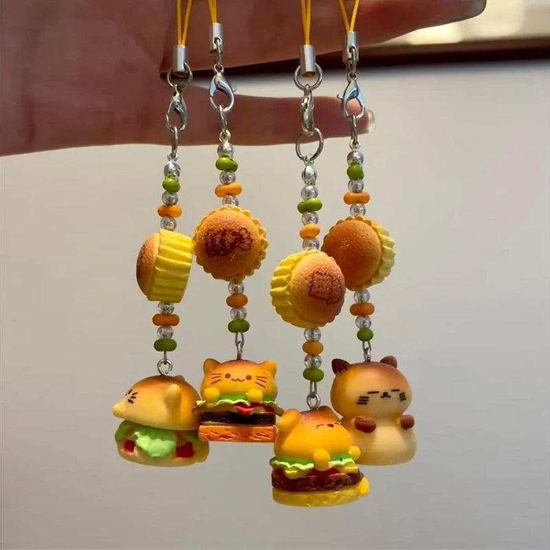 3D Food Cute Hamburger Dog Cat Phone Charms Cute Flocking Animal Koala Duck Elephant Keychain Bag Pendant Camera Decorations