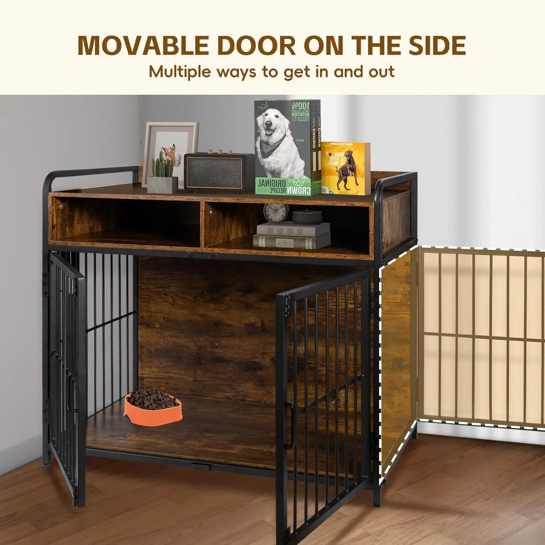 41 inch Dog Crate Furniture for Large Dog,Double Door Dog Kennel with Two Drawers Storages,Reinforced Horizontal Bars,Indoor Dog