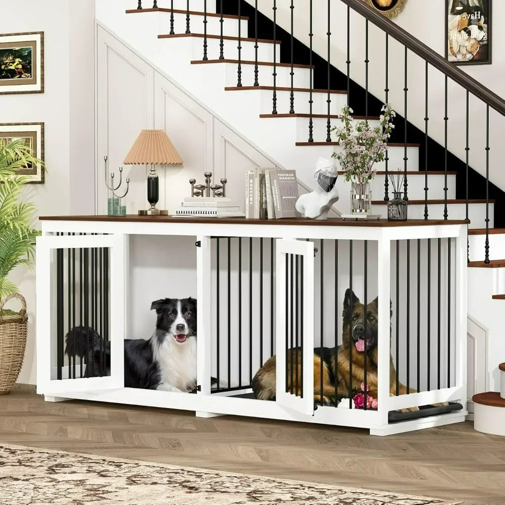 Dog Crate, Wooden  Kennel Furniture with Divider & 2 Trays, Dog Crates Furniture for Large or 2 Medium Dogs Indoor, Dog Crate