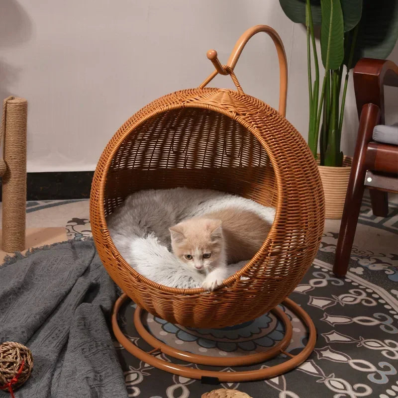 Rattan Cat Nest and Cat Cage Washable Cat Hanging Basket Universal Dog Sleeping Basket for All Seasons Breathable Pet Bed