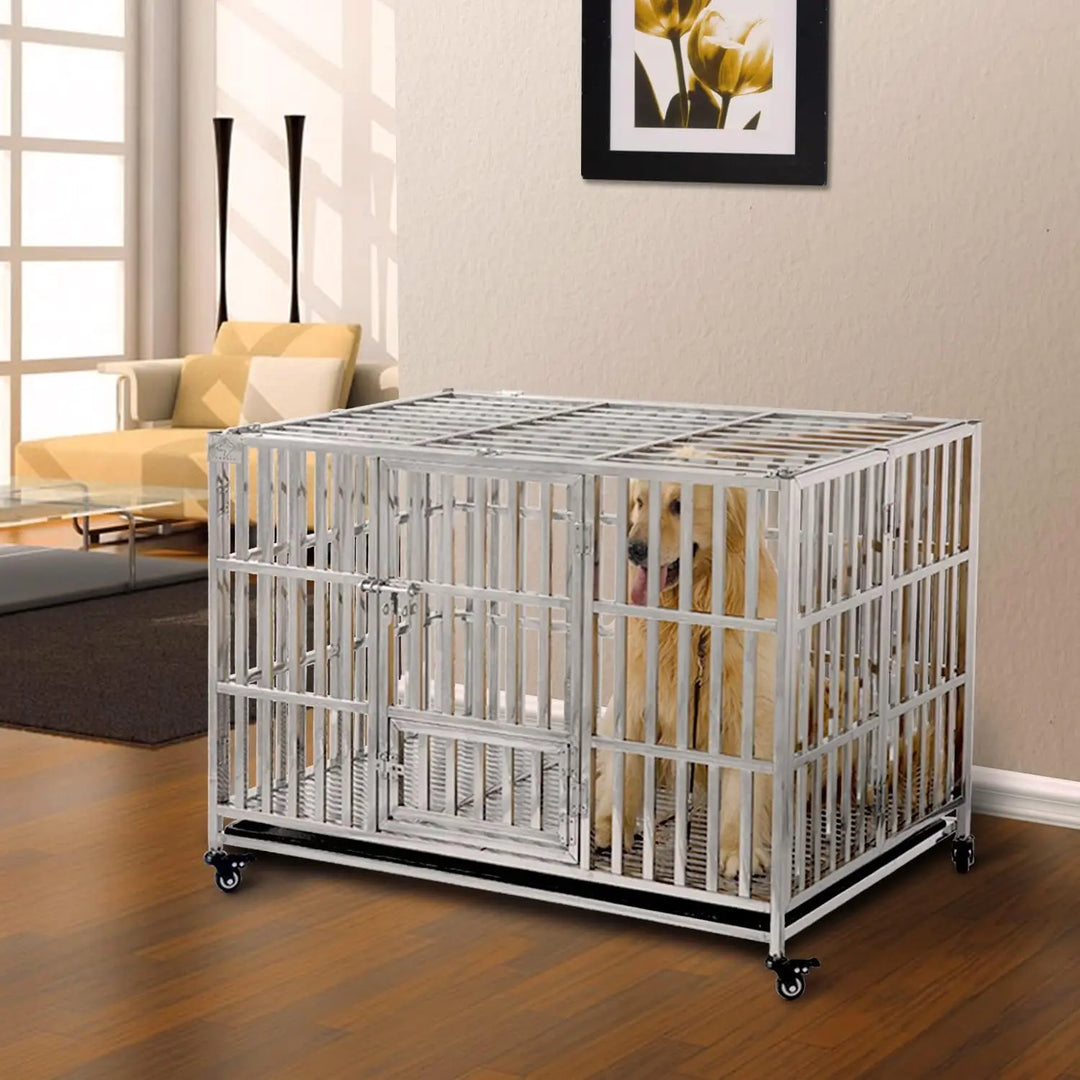 48" Stackable Heavy Duty Dog Crate Pet Stainless Steel Kennel Cage for Large Dogs with Tray in-Door Foldable & Portable for Anim