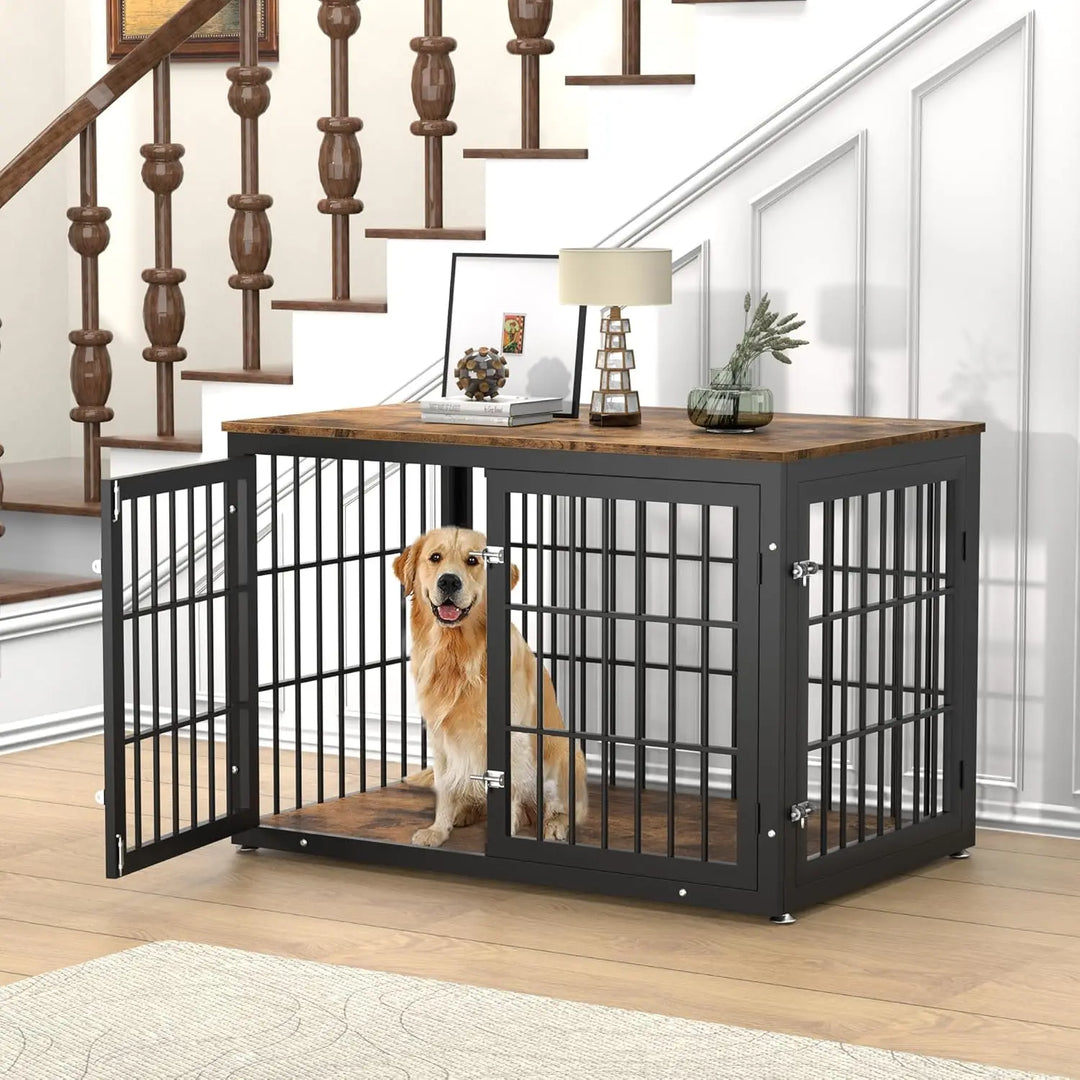 Rustic Heavy Duty Dog Crate Furniture for Extra Large Dogs, , Wooden Cage Kennel Furniture Indoor, XL, Black and Brown