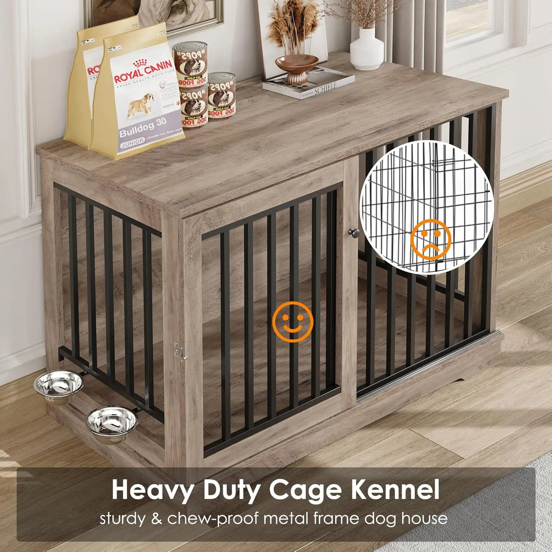 Dog Crate Furniture 47” Large Dog Kennel for Dogs Indoor, Heavy Duty Dog Cage with Sliding Door and 2 SUS Bowls Wooden End Table