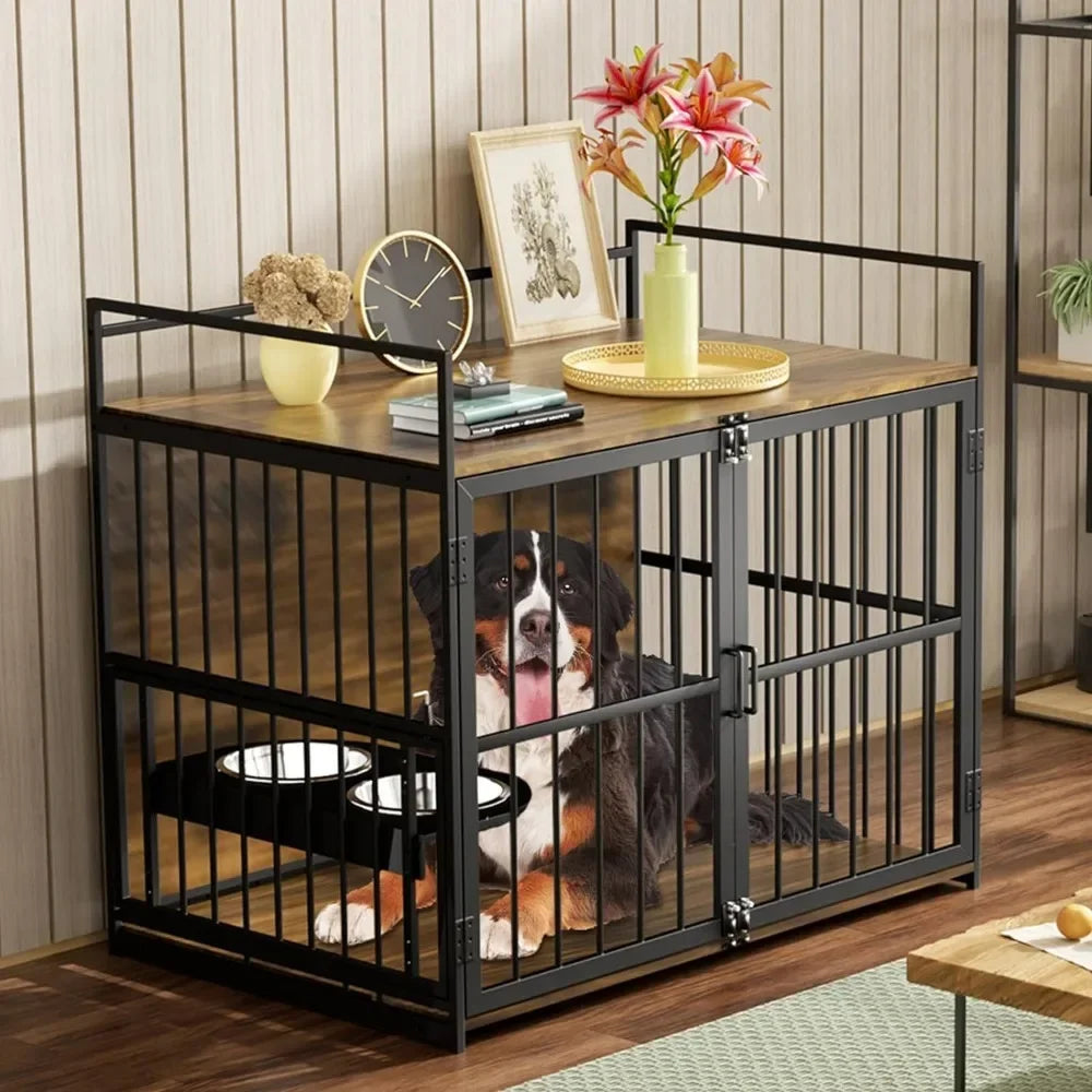 Dog Crate Furniture-Style Cages for Large Dogs Indoor Heavy Duty Super Sturdy Dog Kennels with 2 Stainless Steel Bowls