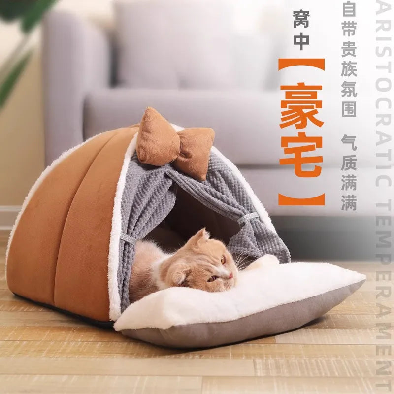 Modern Four-Season Universal Pet Bed Cat and Dog Kennel with Semi-Enclosed Litter Mat Oxford & EVA Animal Print Pattern