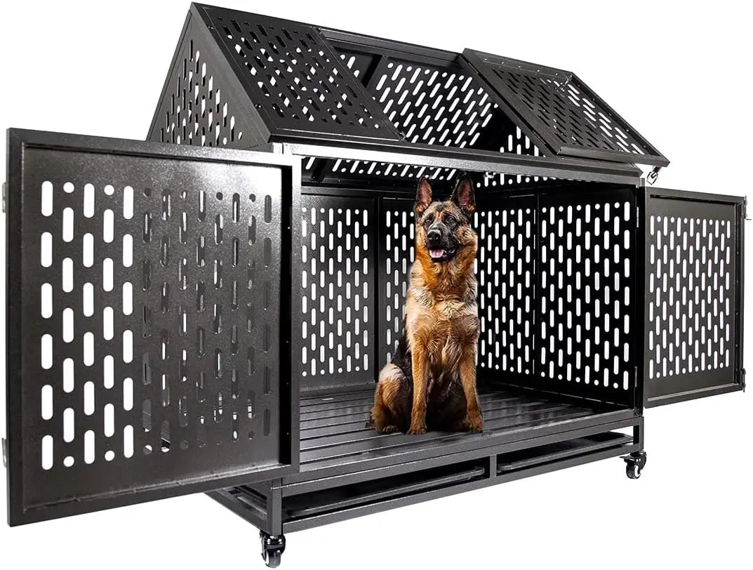 Heavy Duty Dog Crate Dog Cage, 46 inch Indestructible Metal Dog Kennel Lockable for Medium Large Dogs with Sturdy Door