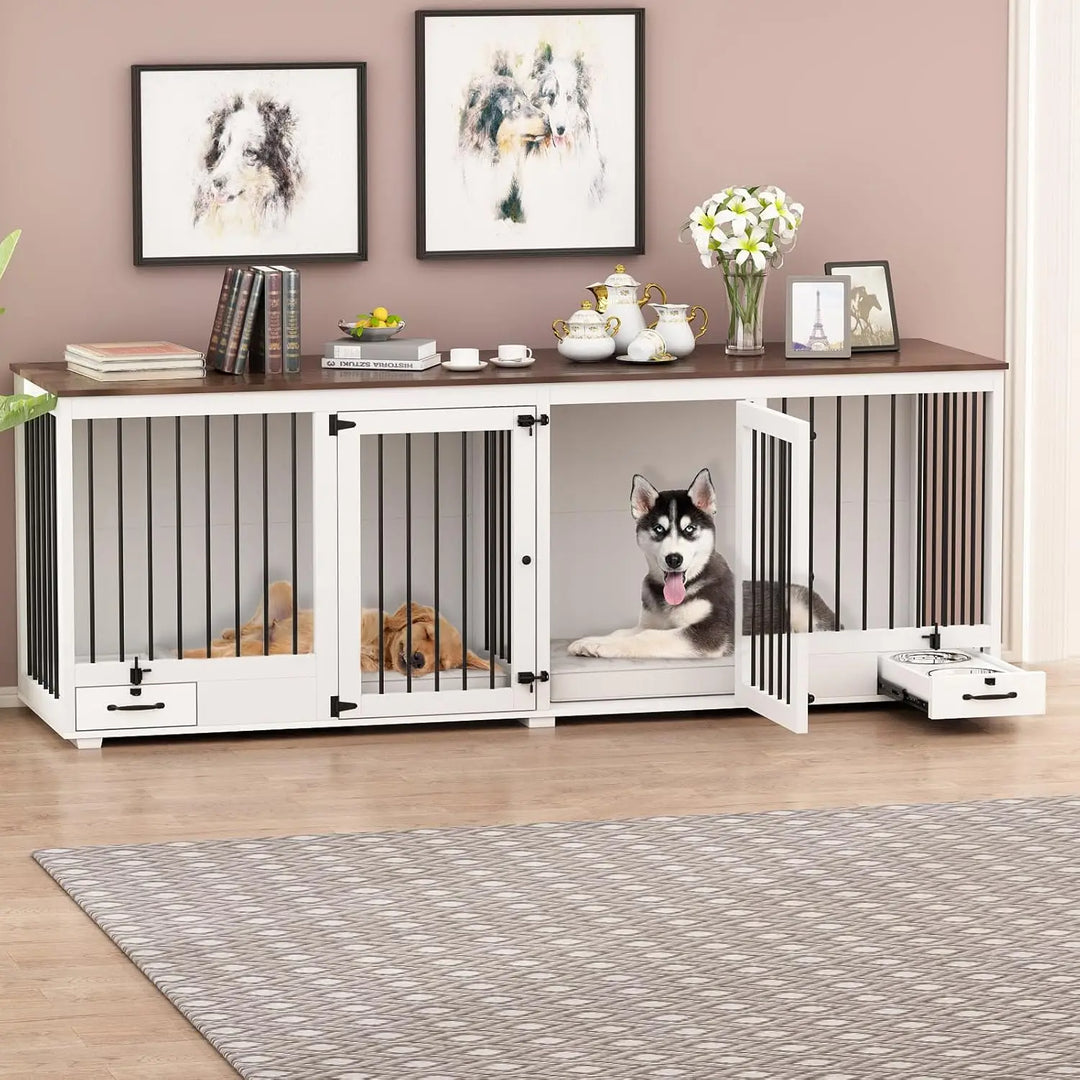 Furniture Style Large Dog Crate for 2 Dogs, 86.6" Heavy Duty Wooden Dog Kennel with Dog Bowl Drawers & Divider, Indoor Furniture