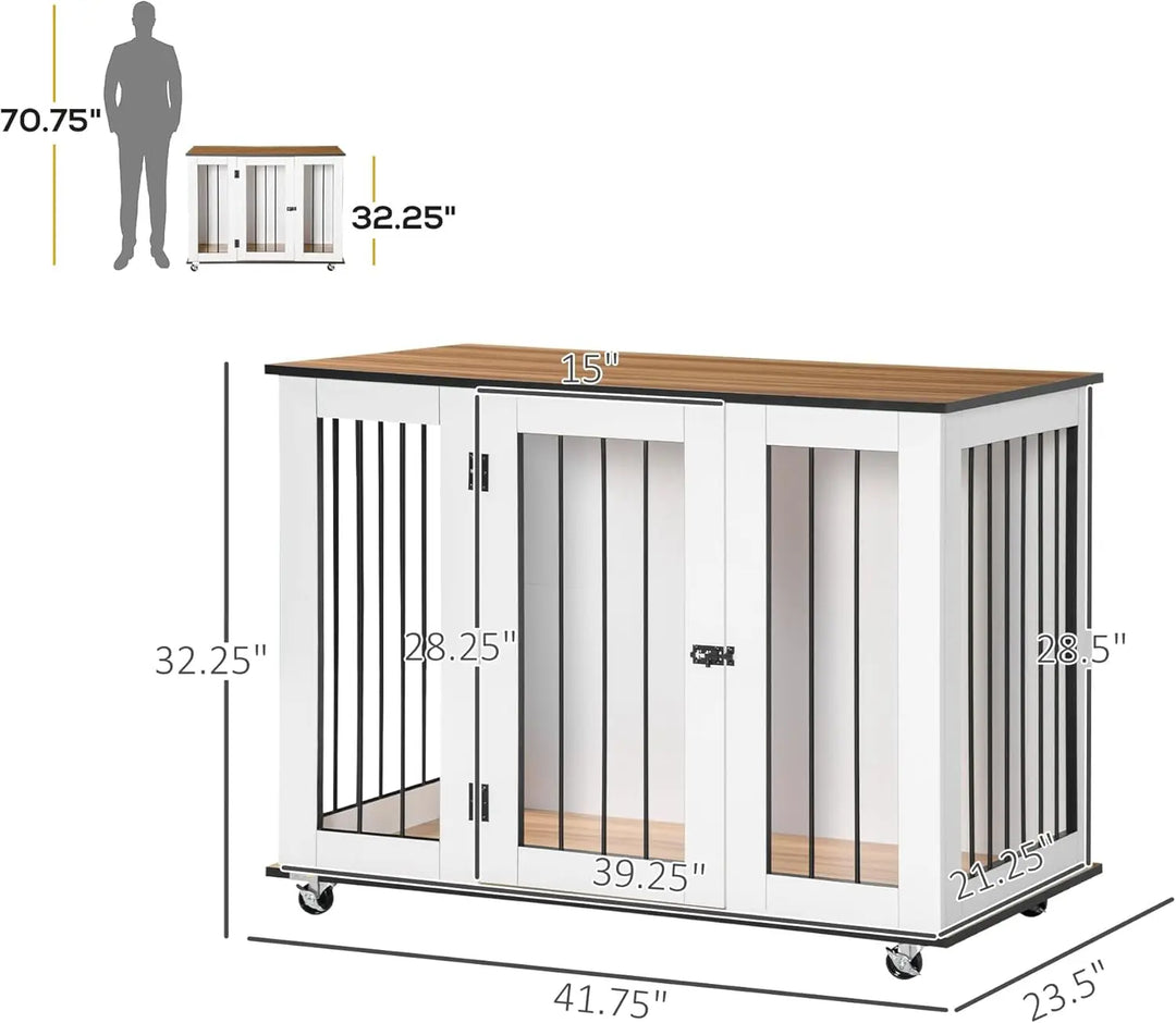 Large Dog Crate Furniture on Wheels, Dog Crate End Table Indoor with Lockable Door for Large Dogs, 42" W x 23.5" D x 32" H