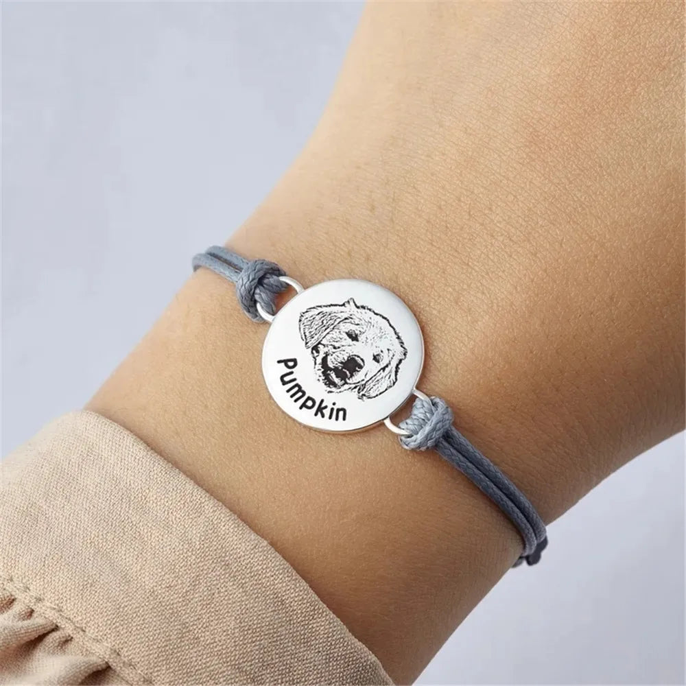 Adjustable Cat Dog Picture Leather Bracelets Custom Pet Portrait Round Pendant Bracelet Lost Memorial Gift For Pet Lovers