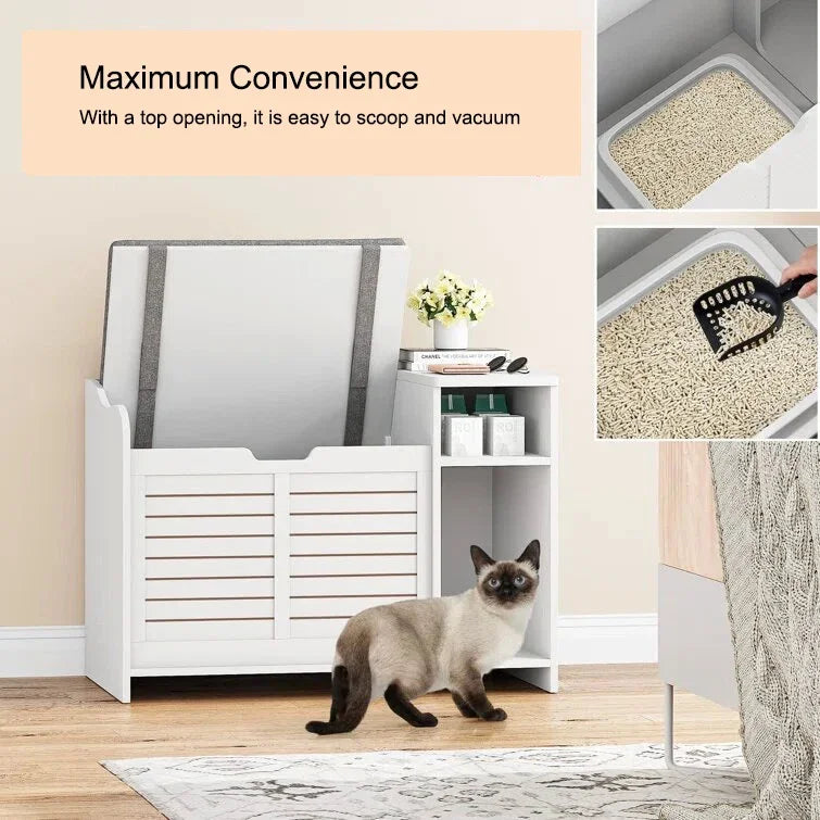 Wood Cat Litter Box Enclosure with Lift Top and Cushion Hidden Cat Washroom Pet Furniture Indoor Cat House Dog Kennel