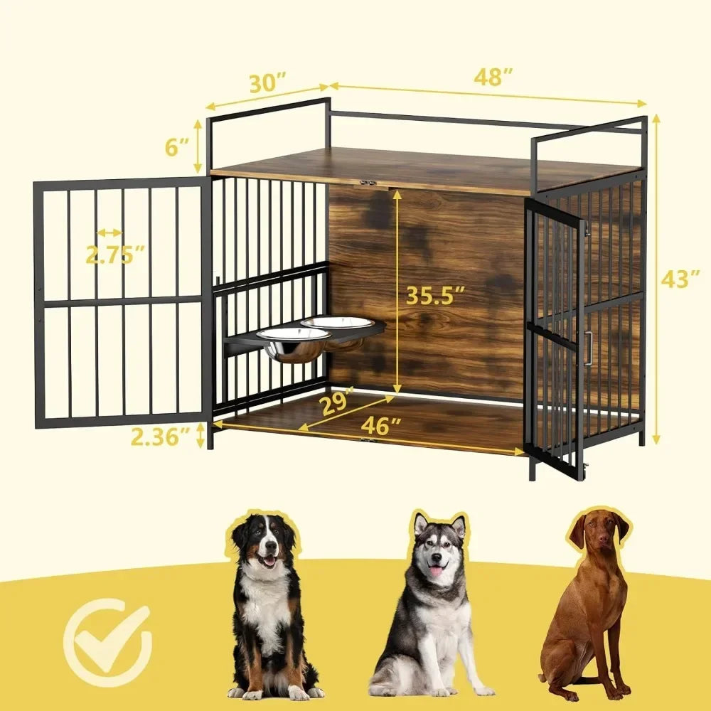 Dog Crate Furniture-Style Cages for Large Dogs Indoor Heavy Duty Super Sturdy Dog Kennels with 2 Stainless Steel Bowls