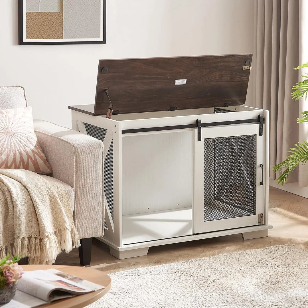 Furniture Style Dog Crate End Table with Sliding Barn Door for Medium Dogs Indoor Dog Kennel Furniture, Flip Top Dog Crate