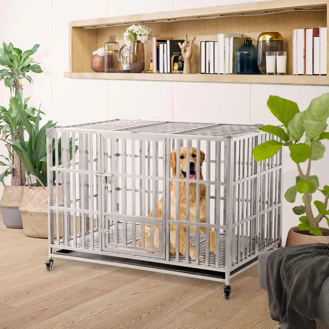 48" Stackable Heavy Duty Dog Crate Pet Stainless Steel Kennel Cage for Large Dogs with Tray in-Door Foldable & Portable for Anim