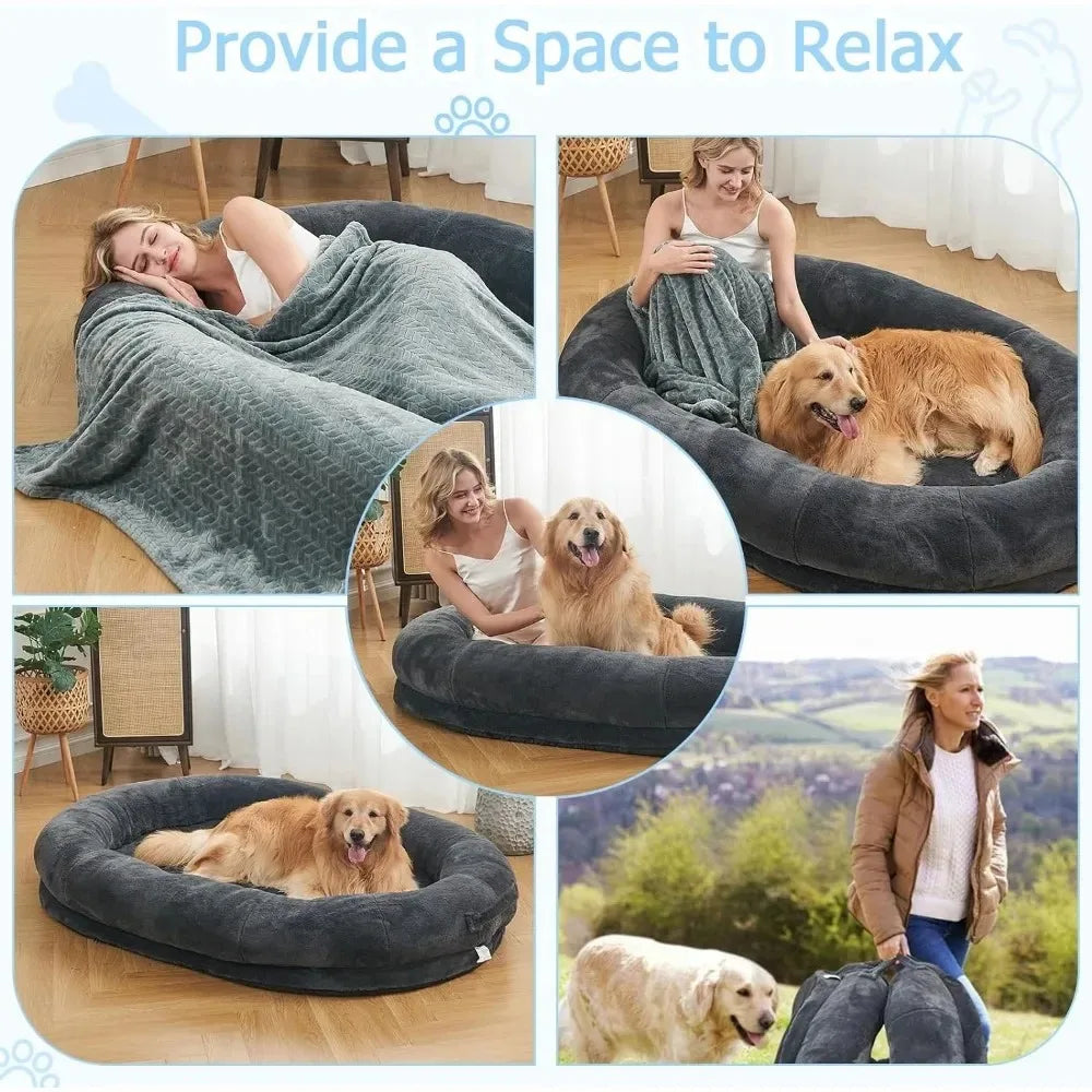 Human Sized Dog Bed for People Adults, Giant Dog Bed for Humans Nap Bed Dark Grey, black 72"x48"x10"