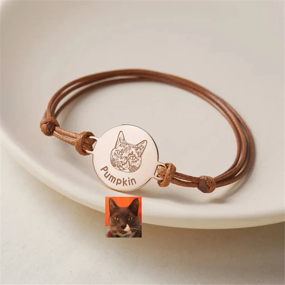 Adjustable Cat Dog Picture Leather Bracelets Custom Pet Portrait Round Pendant Bracelet Lost Memorial Gift For Pet Lovers