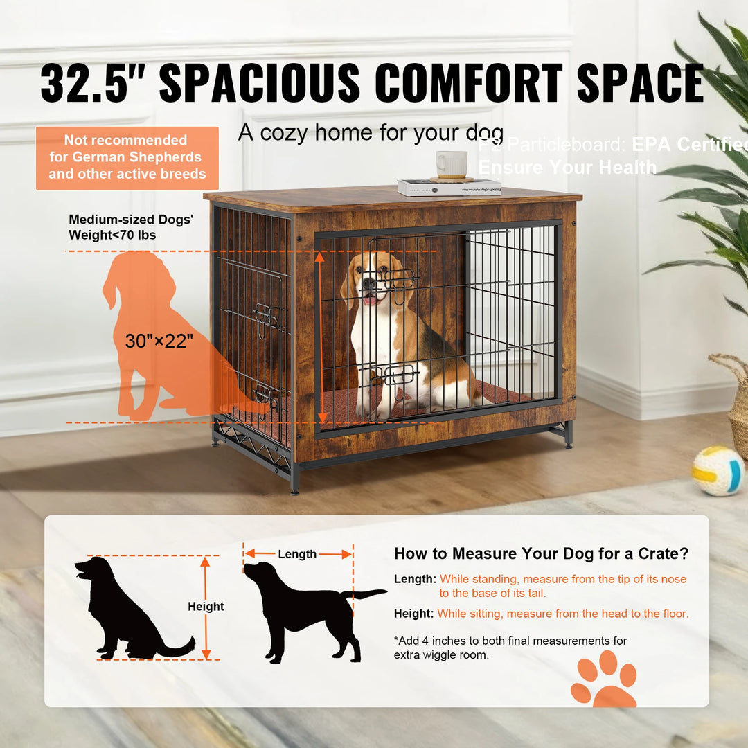 VEVOR Dog Crate Furniture 32in Wooden Double Doors Dog Crate W/Multi-Purpose Removable Tray Modern Dog Kennel Indoor Up to 45lbs