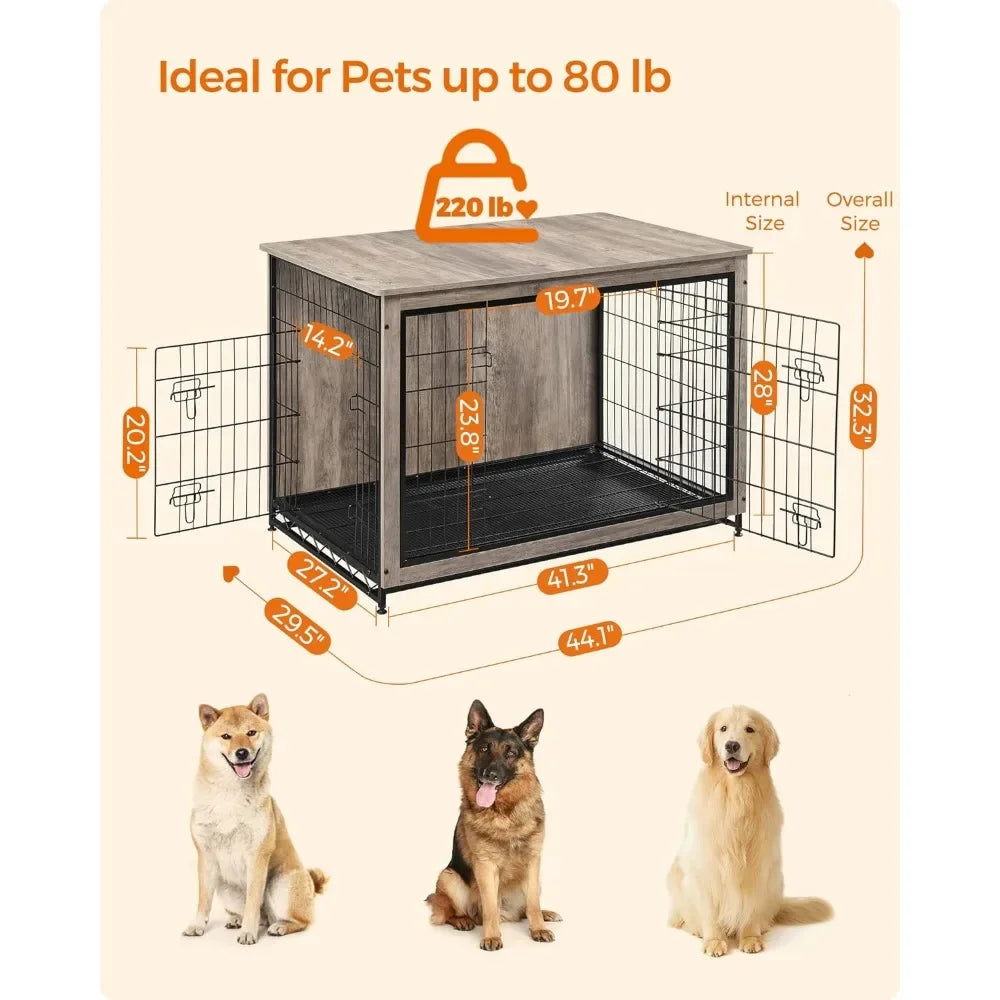 Dog cage, side table, modern indoor kennel weighing less than 80 pounds, with multi-purpose detachable tray, two door kennel