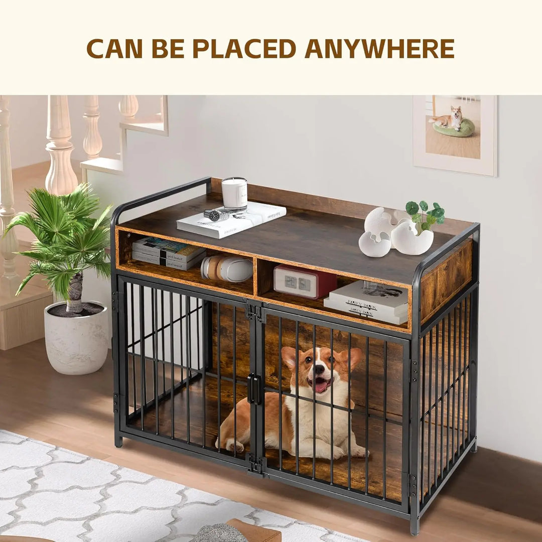 41 inch Dog Crate Furniture for Large Dog,Double Door Dog Kennel with Two Drawers Storages,Reinforced Horizontal Bars,Indoor Dog