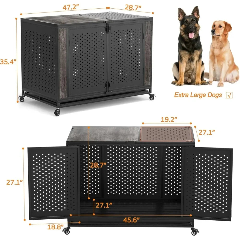 48" Heavy Duty Dog Crate Furniture for Extra Large Dogs, Enclosed Design with 0.5 inch Holes, Indestructible Metal Kennel