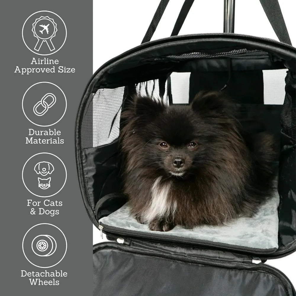 Pet Carrier with Wheels – Airline Approved – Rolling Pet Carrier – Removable Wheels, Black, Soft Dog Cat Travel Carrier