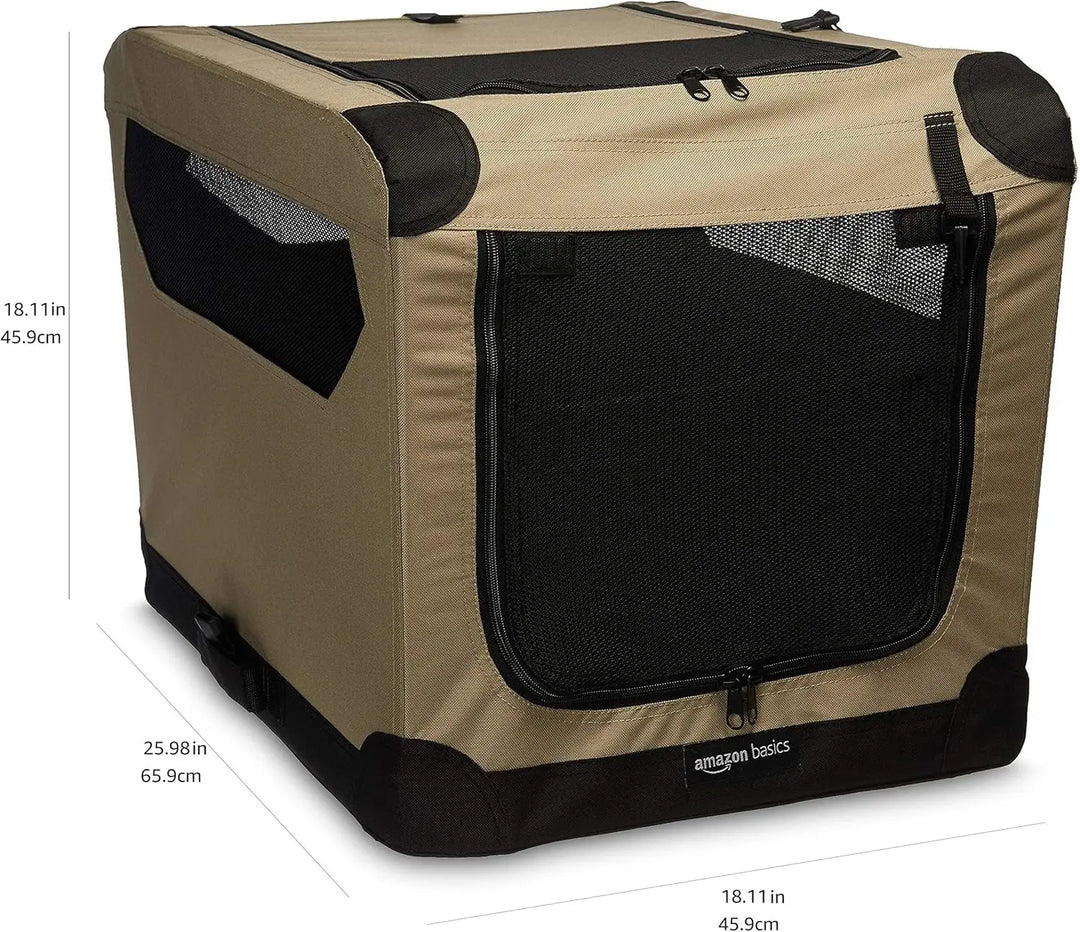 Basics - 2-Door Portable Soft-Sided Folding Soft Dog Travel Crate Kennel, Small, Tan, 26.0"L x 18.1"W x 18.1"H