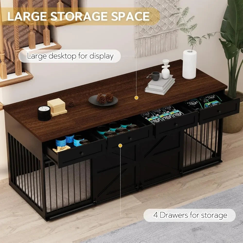 Dog Crate Furniture - Indoor Wooden Dog Kennel Furniture with 4 Drawers & 2 Sliding Barn Doors - for Small Medium Large Dogs