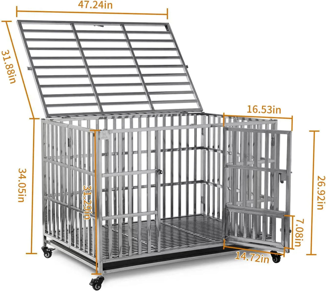 48" Stackable Heavy Duty Dog Crate Pet Stainless Steel Kennel Cage for Large Dogs with Tray in-Door Foldable & Portable for Anim